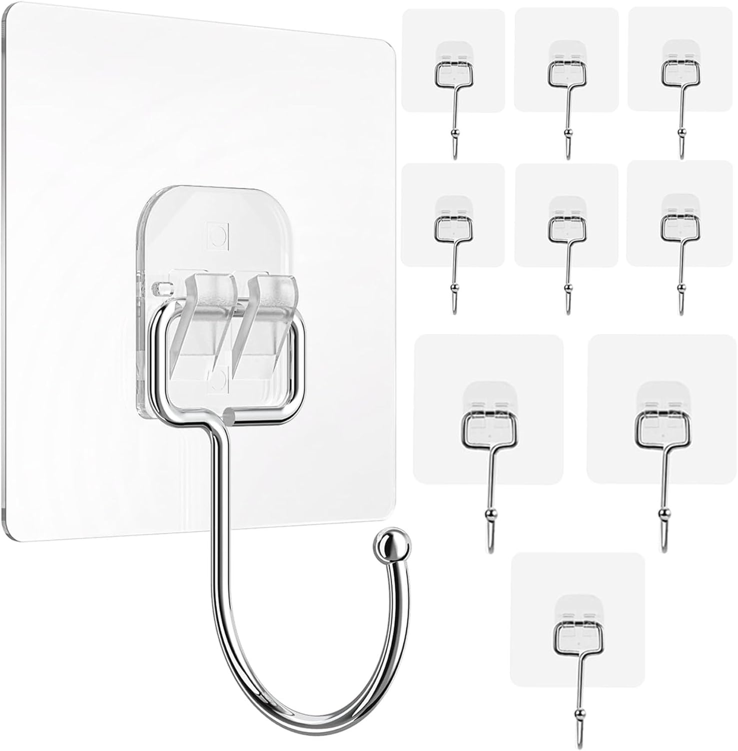 10 Pack Adhesive Wall Hooks for Hanging Heavy Duty 22 Lbs Hooks for Walls No Damage, Towel Sticky Clear Hooks, Waterproof, Home, Bathroom, Kitchen, Office, and Outdoor