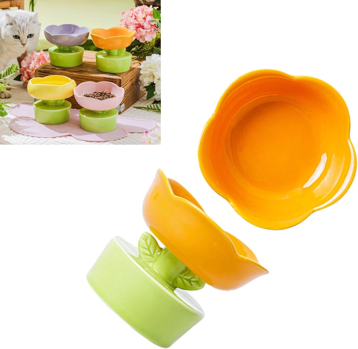Ceramic Cat Food Bowl Cute Flower Shape Large Capacity, Neck Spine Protection Raised Pet Food Bowl for Cats Dogs Pets, Elevated Cat Ceramic Bowl (Orange)