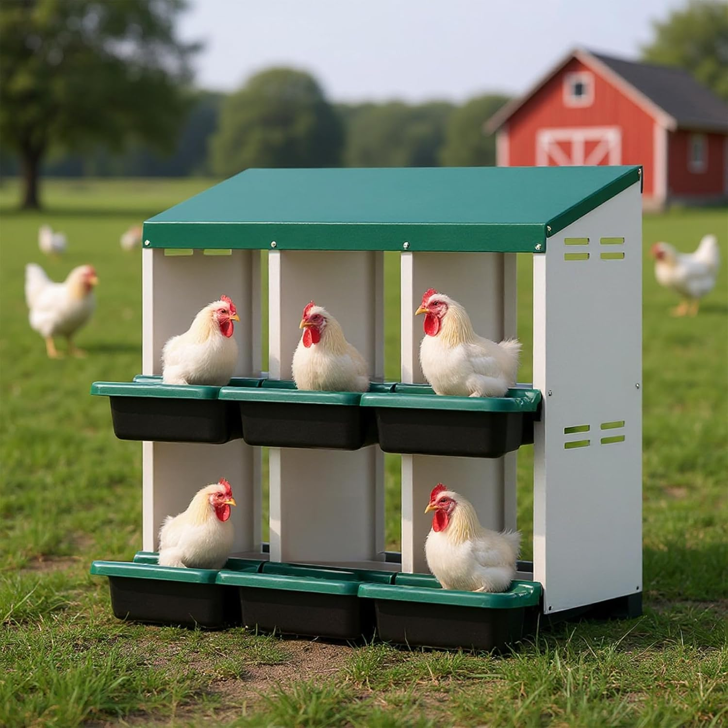Advwin Chicken Nesting Box, Double Layer 6 Hole Metal Chicken Hen Laying Boxes with Roll Away Egg Collection & Perch, Poultry Nest House Egg Brooder Coop for Hens/Goose/Duck image number 1