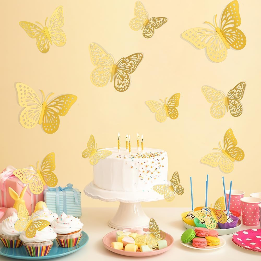 WADY 48 Pcs Butterfly Decorations 4 Styles 3 Sizes, 3D Butterfly Wall Decor Gold Party Decorations, Removable Stickers (Gold) image number 2