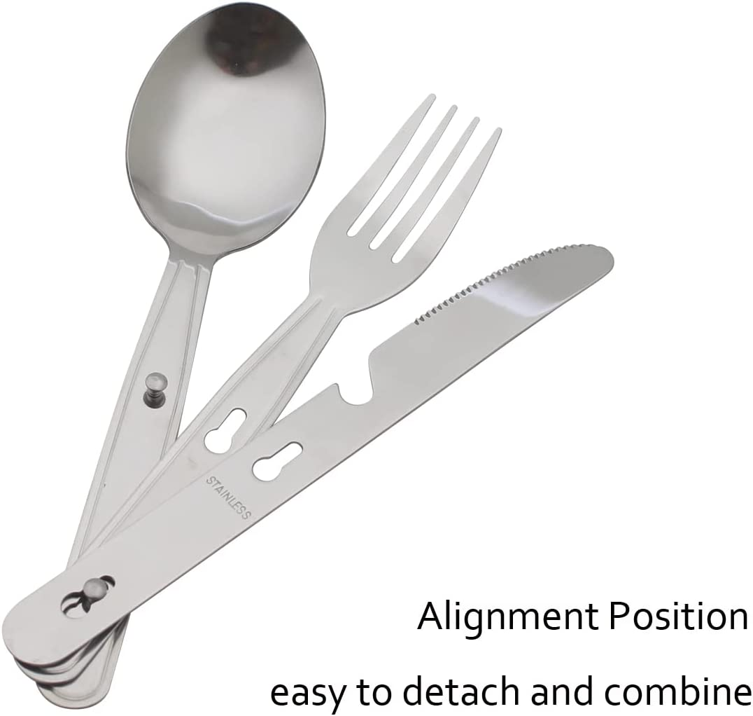 4-In-1 Camping Utensils Hiking Cutlery Set for 4, Portable Stainless Steel Flatware Spoon Fork, Knife & Bottle Opener Combo Pack for Picnic Travel, Barbecue, Backpack Outdoor Gear with Carrying Bag image number 2