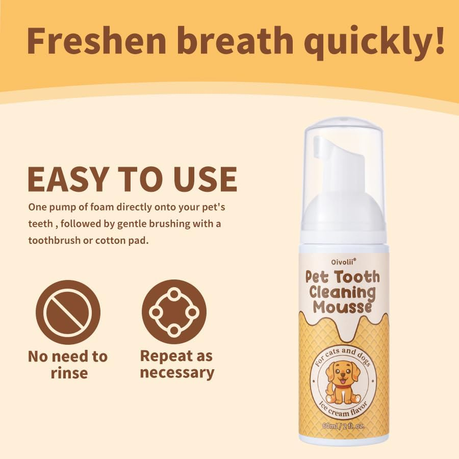 Pet Dental Cleaning Mousse, Ice Cream Flavor, 60Ml, with Natural Ingredients for Dogs and Cats, Fresh Breath Formula image number 2