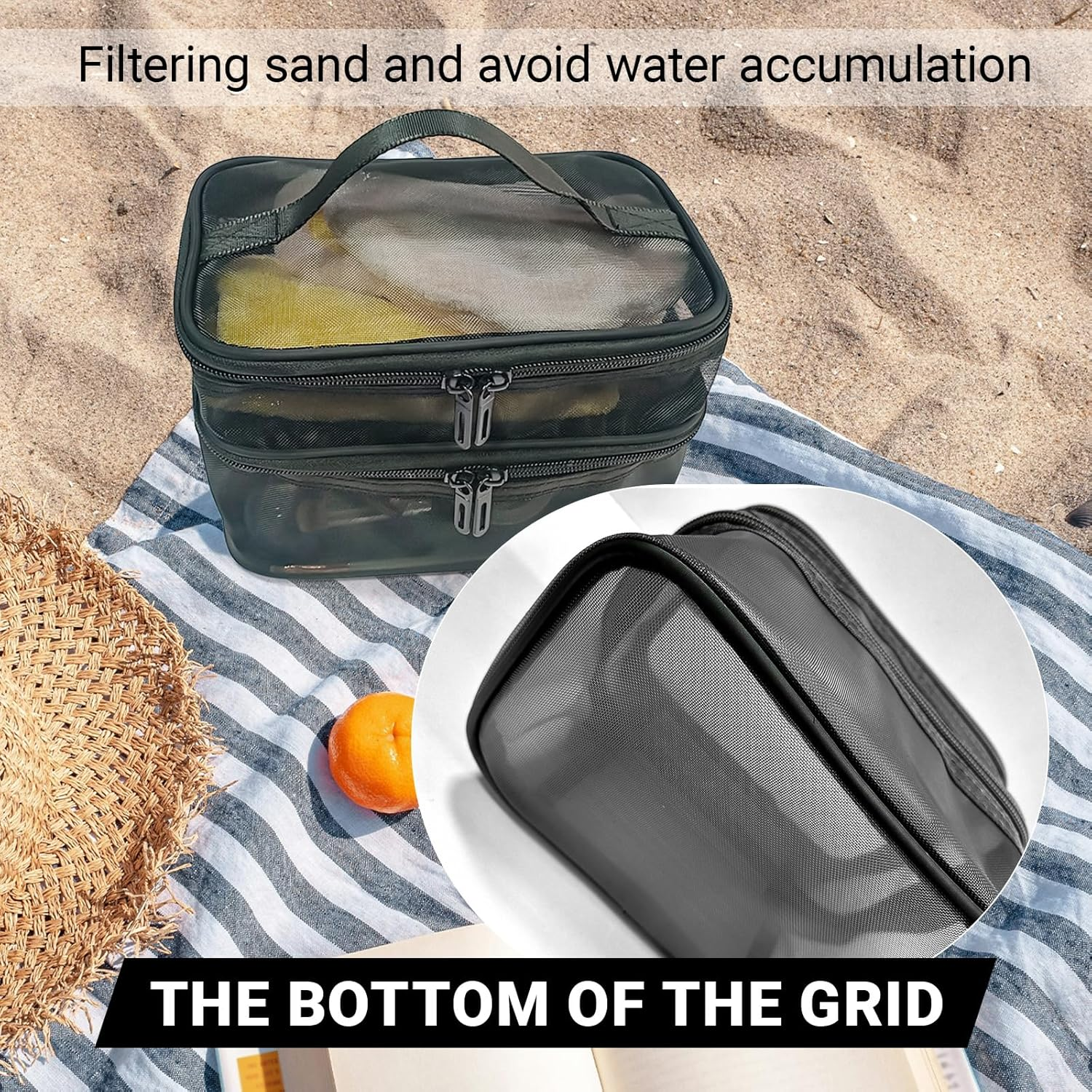 Double Layer Makeup Bag, Mesh Cosmetic Bag with Handle, Double Zipper Beauty Make up Bag, 2 Compartment Toiletries Storage Bag, Portable Travel Cosmetic Case Organizer for Women Girls, Gray image number 1