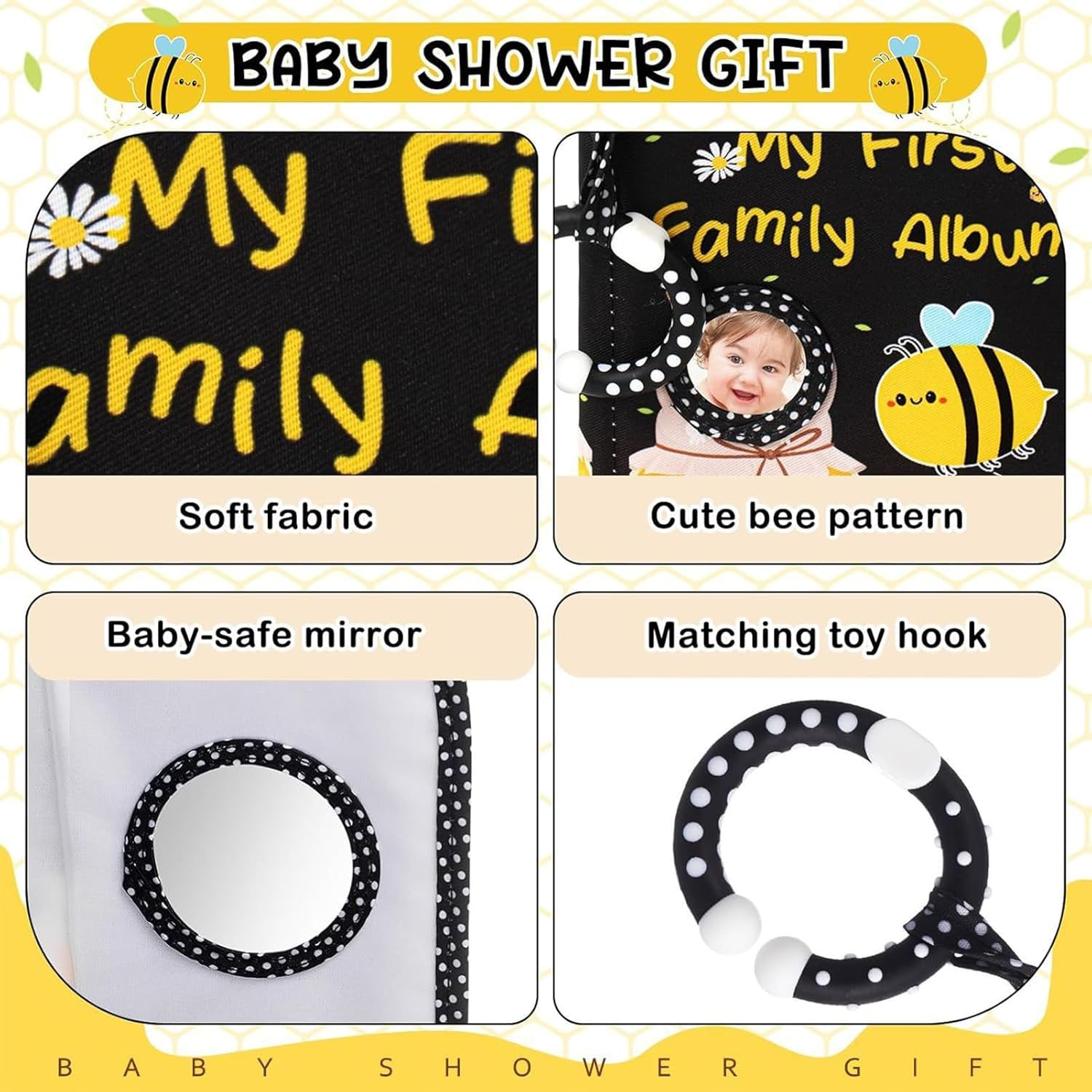 Baby Photo Albums,First Baby Photo Albums 4X6 Pictures | Bee Print Scrapbook with Safe Mirror Hold 4X6 Pictures, Mom Must Haves for Birthday Wedding Expecting Parents Keepsake image number 6