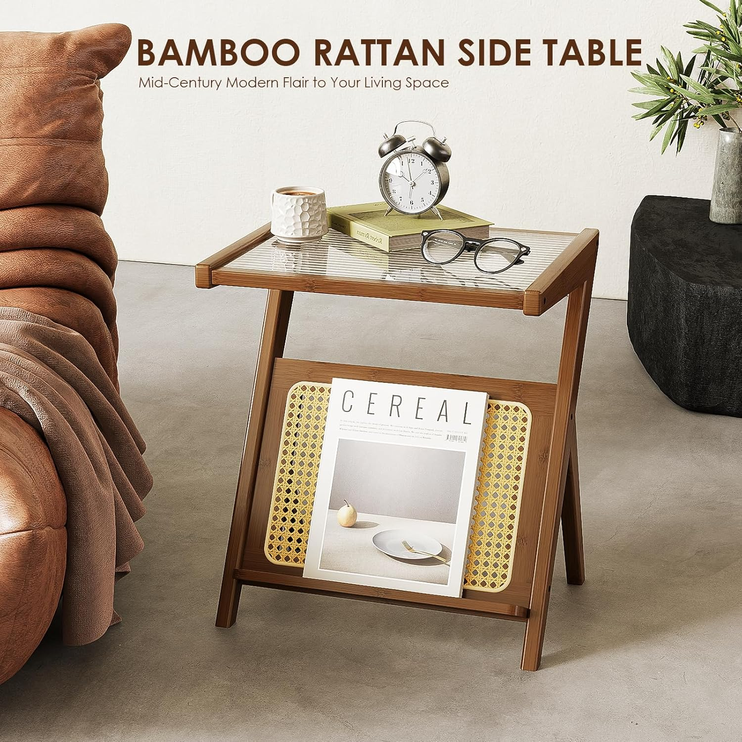 Bamworld Rattan Side Table Boho Nightstand Mid Century Modern End Table Glass Bedside Table Small End Tables Bamboo Coffee Table with Storage Record Player Stand for Living Room Bedroom - Brown image number 5