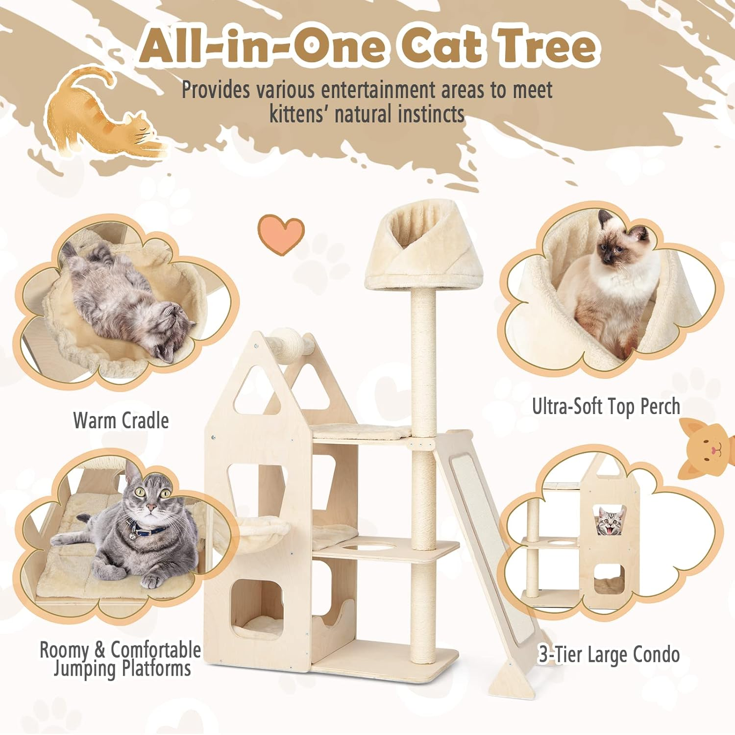 Costway Multi-Level Wood Cat Tree, Cat Tower with Sisal Scratching Post, Ball & Board, Plush Condo, Platforms, Padded Perch, Cozy Hammock, Kitten Condo Furniture for Rest & Fun, Beige image number 5