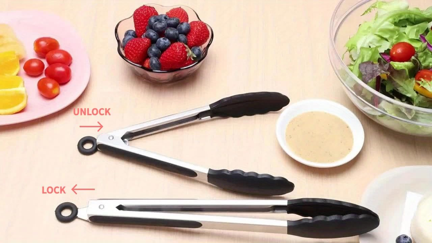 Premium Silicone Kitchen Tongs 12" & 9" Set of 2 Black BPA Free Lockable Stainless Steel for Grill Serving Cooking by ZOLOTI image number 3