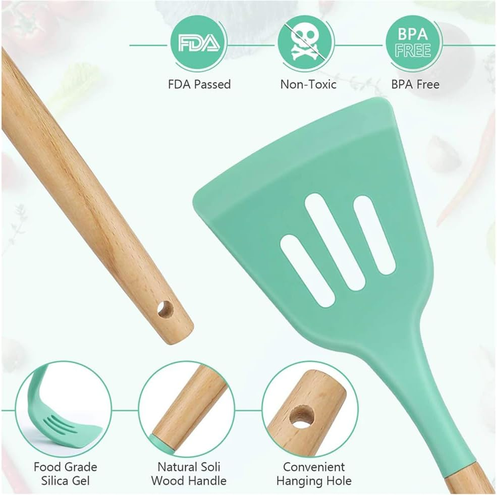 12PCS Green Silicone Kitchen Utensil Set with Wooden Handles - Non-Stick, Heat-Resistant Cookware Tools, Including Spatula, Turner, Tongs, and Spoon Set with Holder image number 3