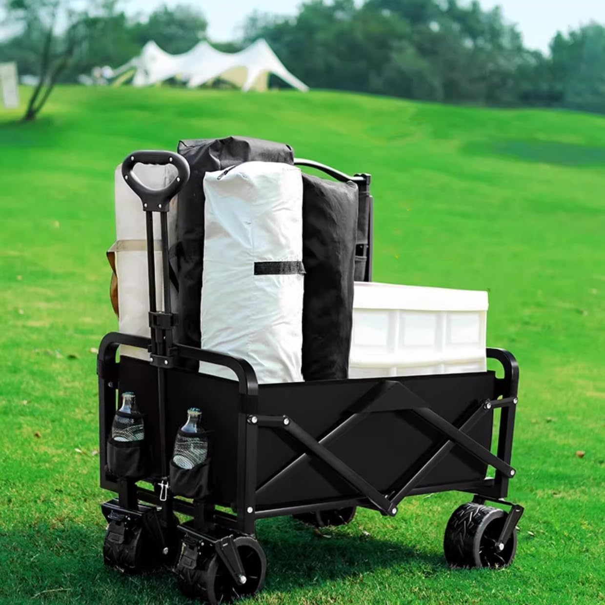 Collapsible Wagon Cart Foldable - Portable Heavy Duty Folding Beach Wagons with Wheels - Outdoor Utility Carts for Groceries, Shopping, Camping, Sports, Garden with Large Capacity - Black