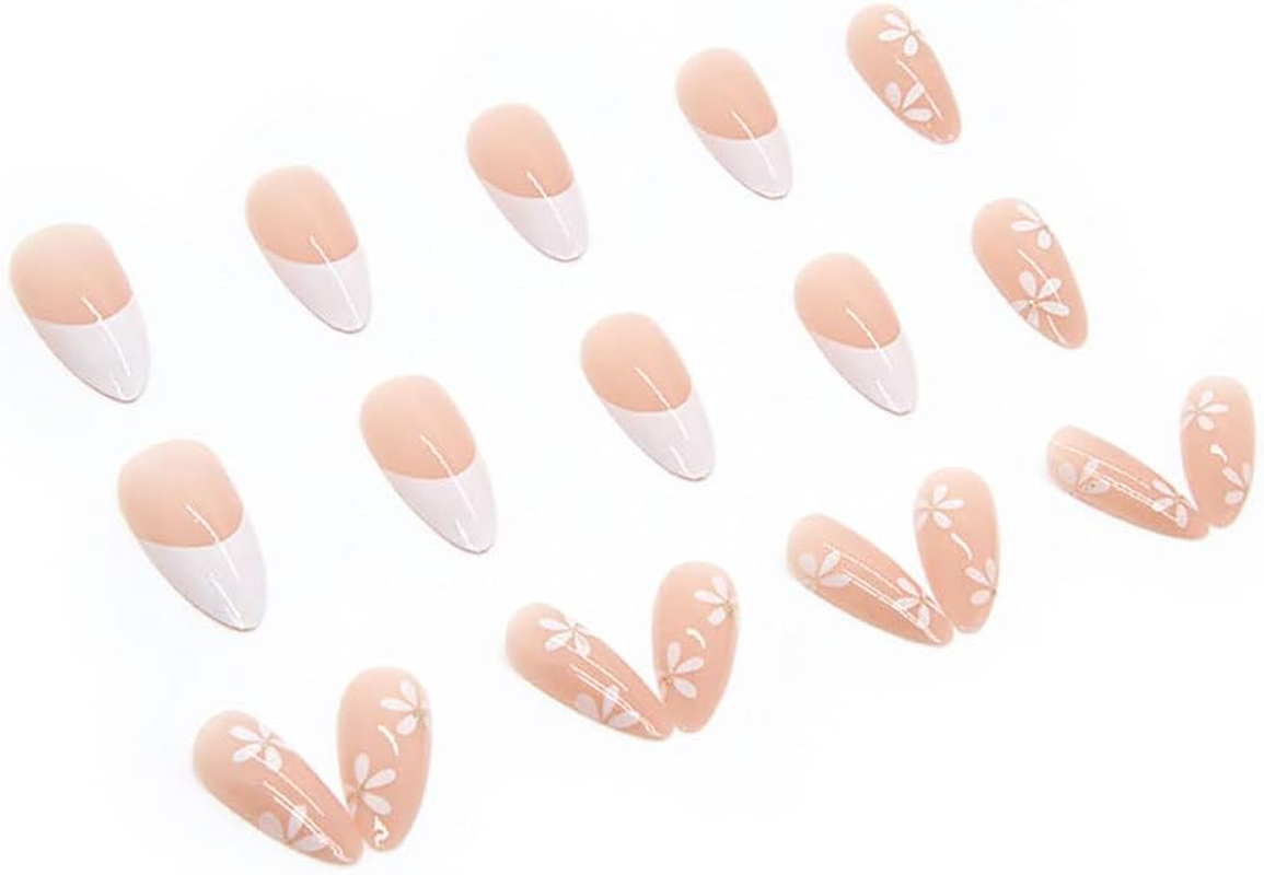 Rikview French Tip Press on Nails Medium Fake Nails White Press on Nails with Flowers Design Almond Acrylic Nails image number 3