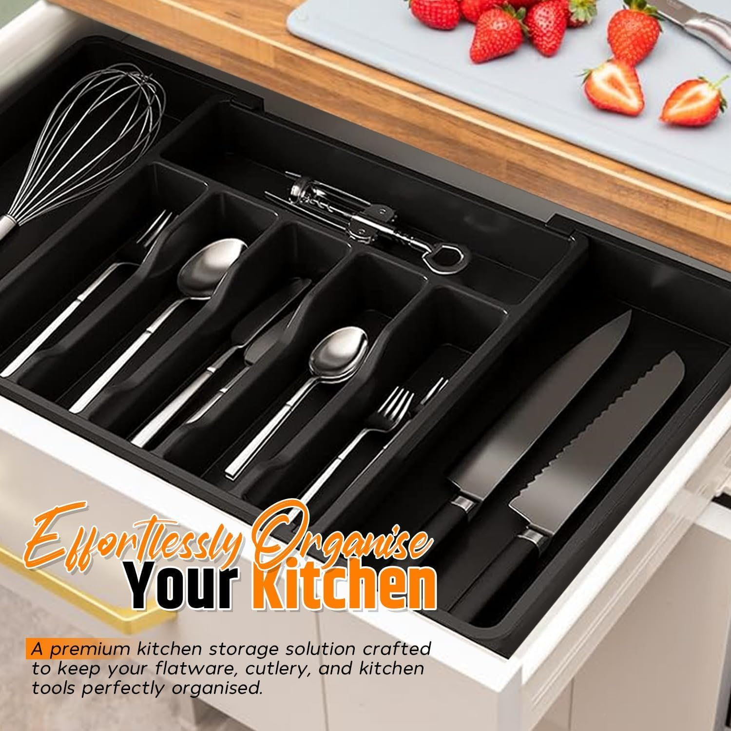 Expandable Kitchen Drawer Organizer &ndash; Large Black Cutlery Tray 33-57Cm &ndash; Adjustable Utensil Holder &ndash; 8 Compartments &ndash; Water-Resistant Plastic Storage for Silverware, Spoons, Forks, Knives & Gadgets image number 4