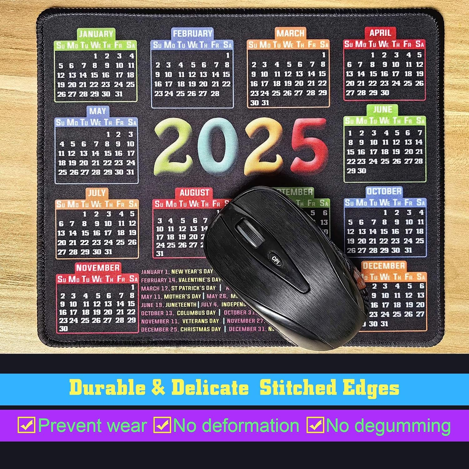 RMYMPMYX Mouse Pad with Stitched Edge, Computer Mouse Pad with Non-Slip Rubber Base, Mouse Pads for Computers Laptop Mouse 9.6X7.9X0.1 Inch, (2025 Calendar Black) - 2025 Calendar Black image number 6