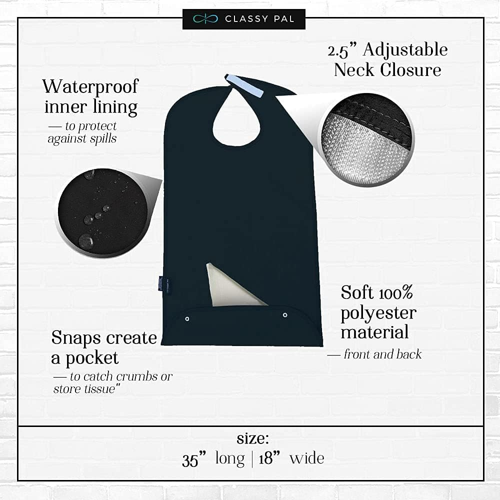 Adult Bibs for Women and Men | Senior Citizens Clothing Protector for Eating, Crafting, Cooking | Adults Bib Reusable and Washable (Black X 3Pk) image number 6