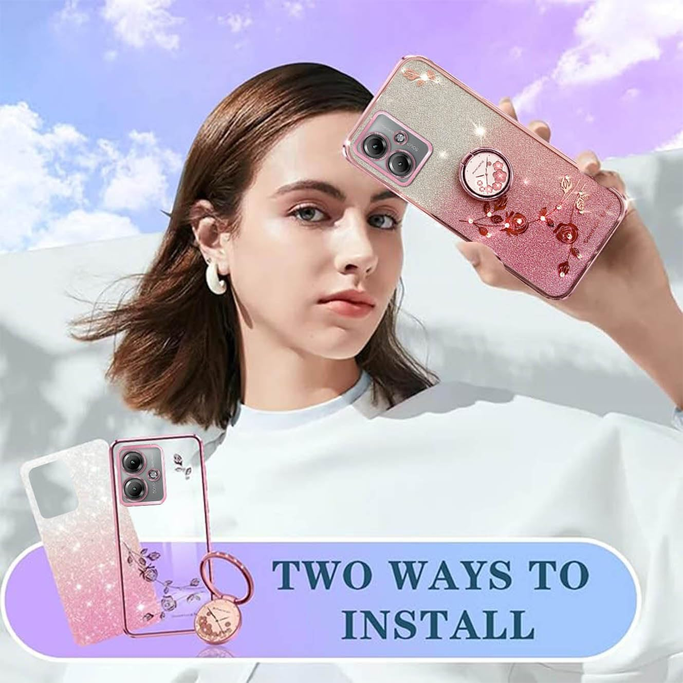 YUECXIN Case for Motorola Moto G55 5G with Shiny Flowers Ring Stand, Cute Bling Women Girls Mobile Phone Case, Ultra Thin Shockproof Soft TPU Silicone Protective Case, Pink image number 2