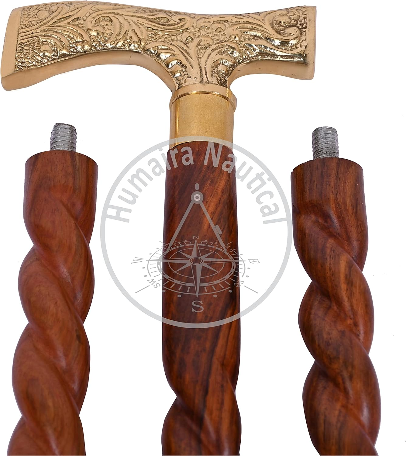 Humaira Nautical Walking Stick - Men Derby Canes and Wooden Walking Stick for Men and Women - 37" Brown Ebony Brass T Shape Handle in Golden Tone Natural Wood Unisex Cane image number 6