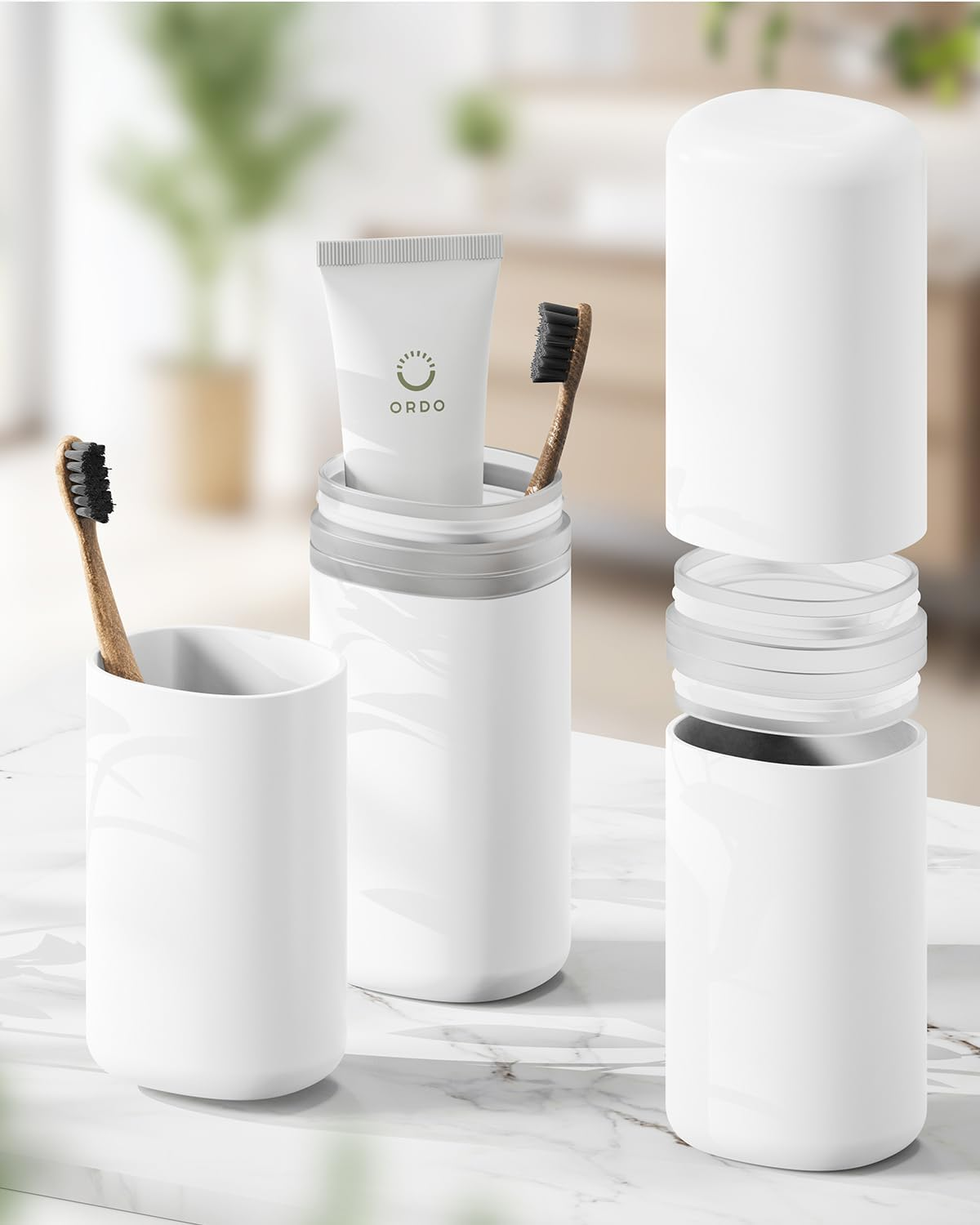 FERYES Travel Toothbrush Holder - Portable Toothpaste Organizer with Mouthwash Cup, Travel-Friendly Tooth Brushes Holder with Draining Lid - White image number 3