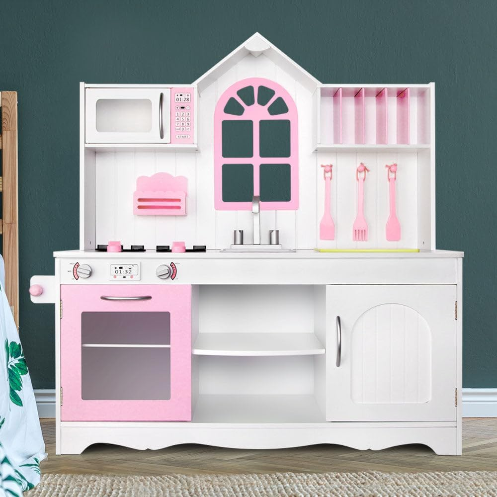 Keezi Kids Kitchen Set 12 in 1 Pretend Play Food Playset Wooden Toys Mud Kitchens Children Cooking Cookware Sets Toy Home Cubby House Furniture for Boys Girls, Ample Storage Space Pink White image number 5