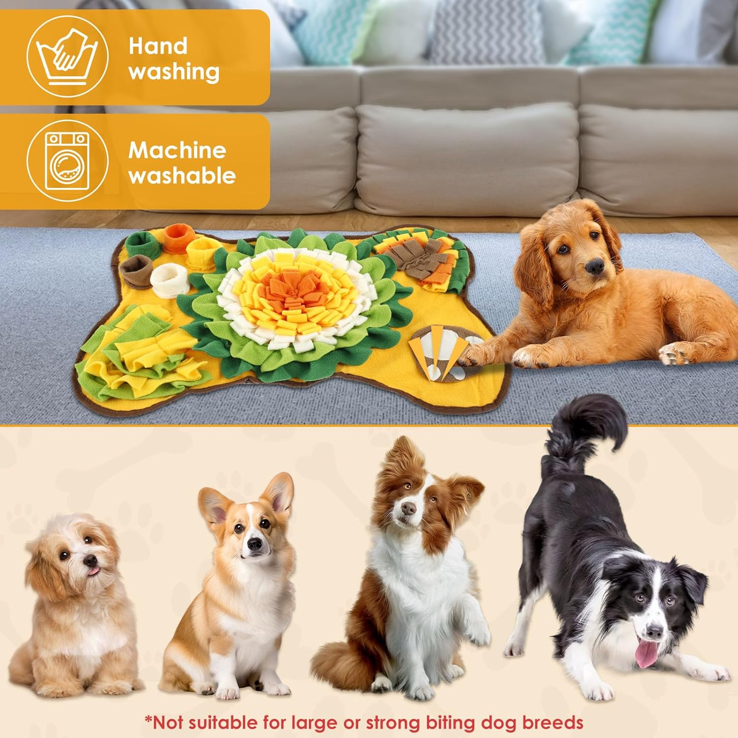 DJAPWPX Dog Snuffle Mat Funny Dogs Sniff Pad Soft Polyester Dog Treat Dispenser Mat anti Slip Dog Feeding Mat Washable Sniff Feeding Mat for Puppies Small and Medium Dogs (Yellow, A) - Yellow image number 3