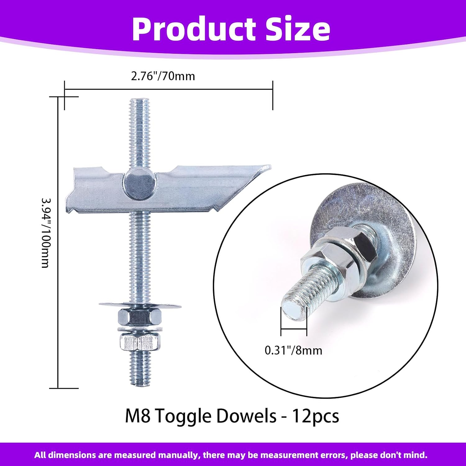 Swpeet 12Pcs Heavy Duty M8&times;100Mm Plasterboard Fixings Toggle Bolts Drywall Anchors, Tiltable Plasterboard Wall Plug Kit, Tilt Pins with Washer and Nut Folding for Hanging Heavy Items on Drywall image number 2