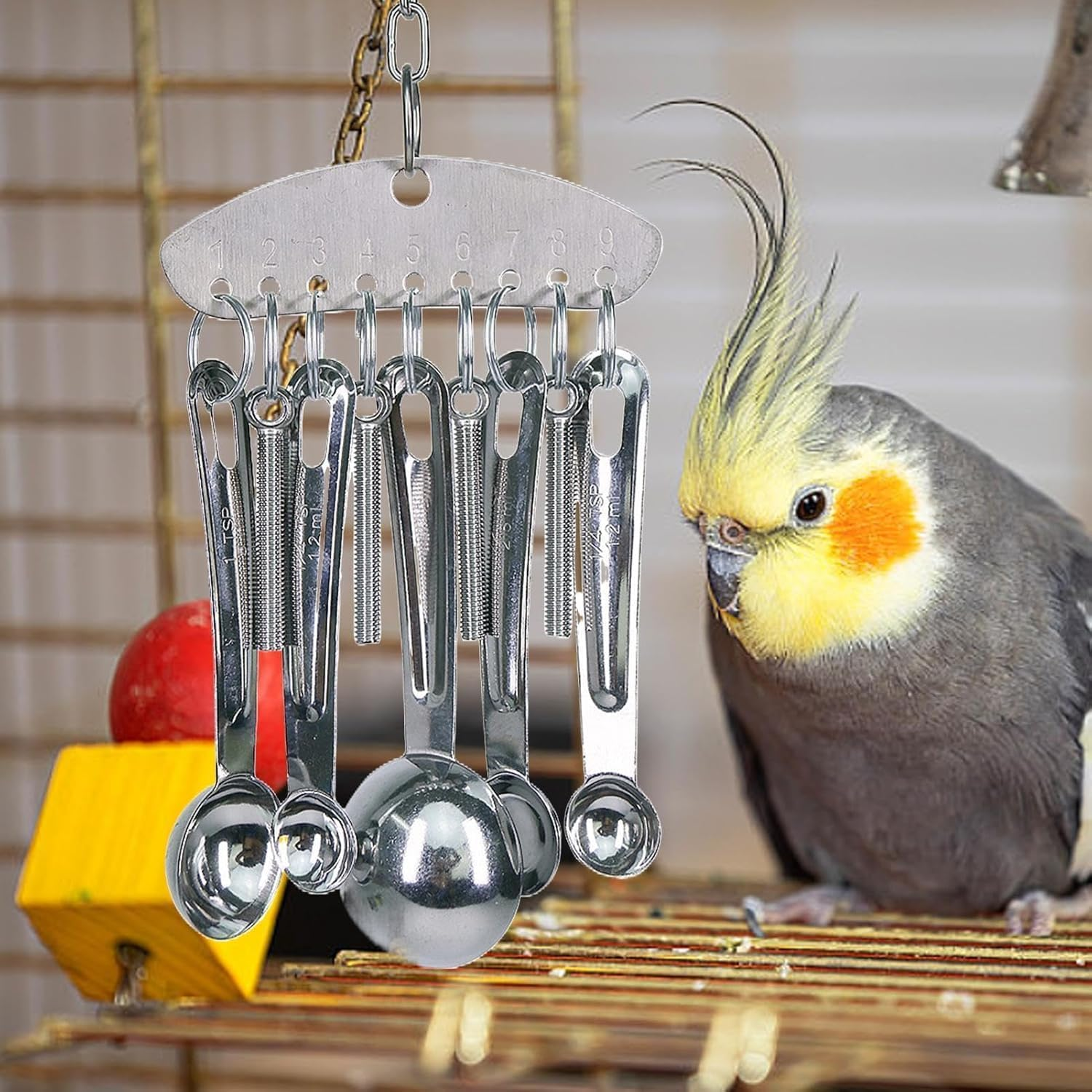 Yeanifeana Durable Stainless Steel Bird Chew Toy with Ring Bell - Parrot Chew Toy for Beak Conditioning and Entertainment, Safe and Fun Spoon Design for Small to Medium Birds (A) image number 2