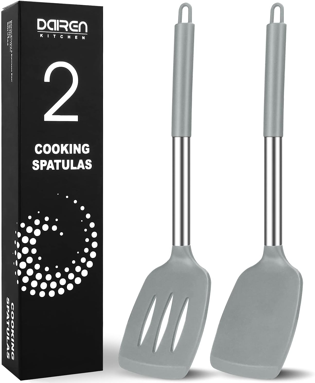 2 Pack Silicone Spatulas Turners, Stainless Steel Cooking Utensils BPA Free,Heat Resistant,Non Stick,Rubber Spatulas for Fish, Eggs, Pancakes, WOK, Black