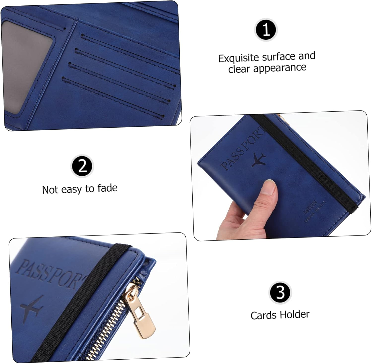 BCOATH Travel Passport Protector Pu Passport Holder RFID Blocking Card Cover with Zipper Gate Pass Holder for Men and Women Short Blue - Navy image number 2