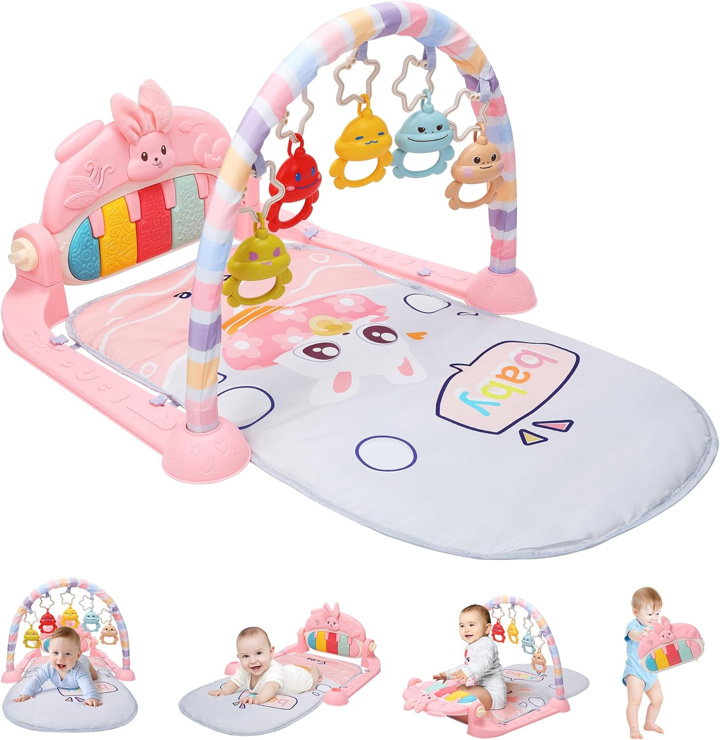 HOLYFUN Baby Play Mat Baby Gym, Play Piano Tummy Time Mat with Activity Gym, 5 Infant Learning Sensory Baby Toys, Perfect Musical Activity Center for Early Development & Entertainment, Pink image number 3