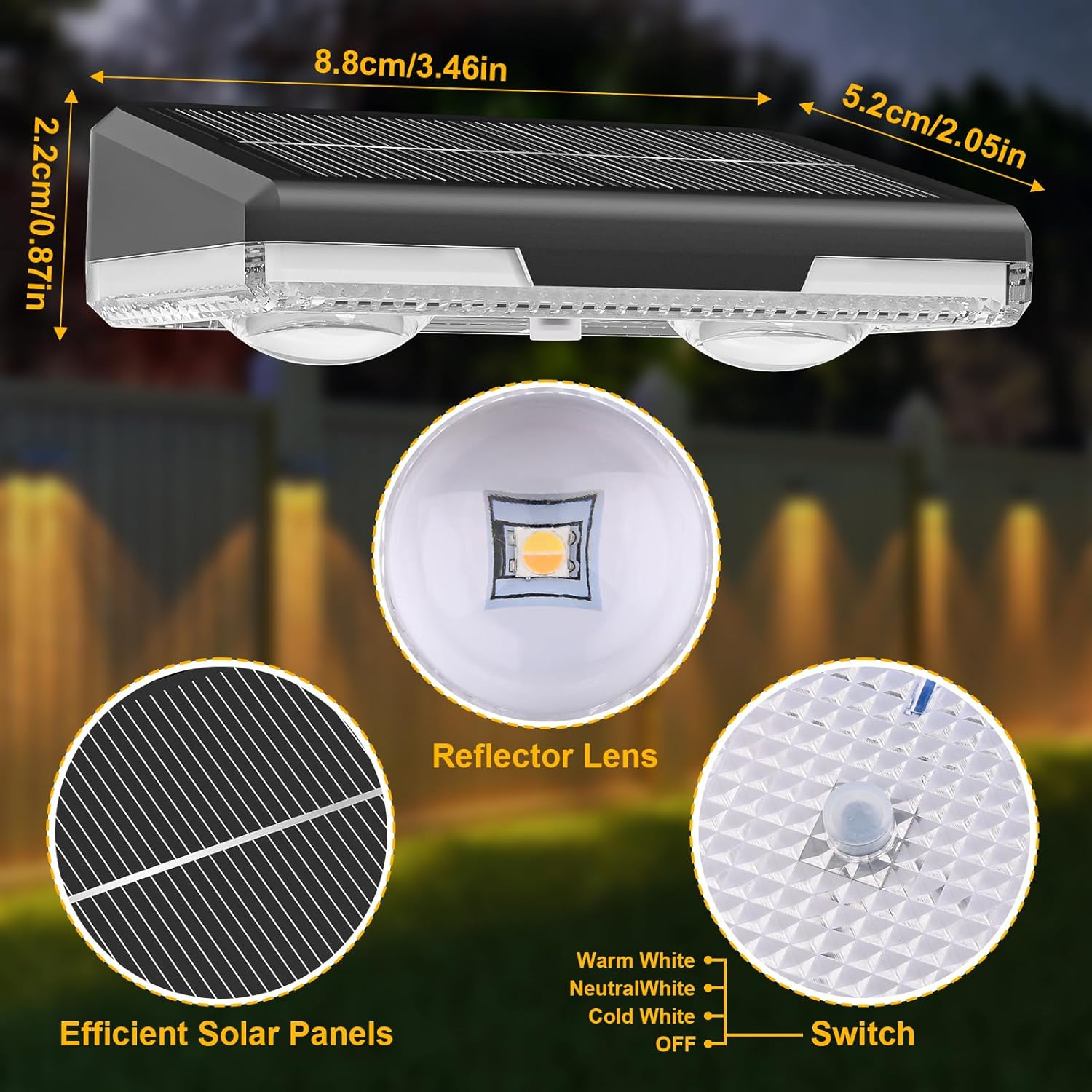 Jetuvlie Solar Fence Lights Outdoor, 8 Pack LED Fence Lights, 3000/4000/6000K 3 Mode, IP65 Waterproof,Solar Wall Lights for Outside, Backyard/Step/Deck Fence/Stair Railing/Patio image number 4