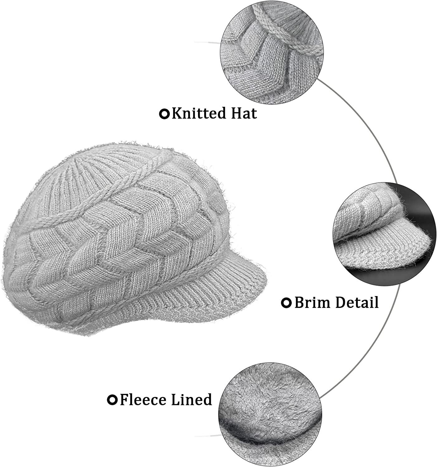 Womens Winter Hat with Brim, Beanie with Warm Fleece Lined & Visor for Women Wool Knit Newsboy Cap S-Y-H4 image number 4