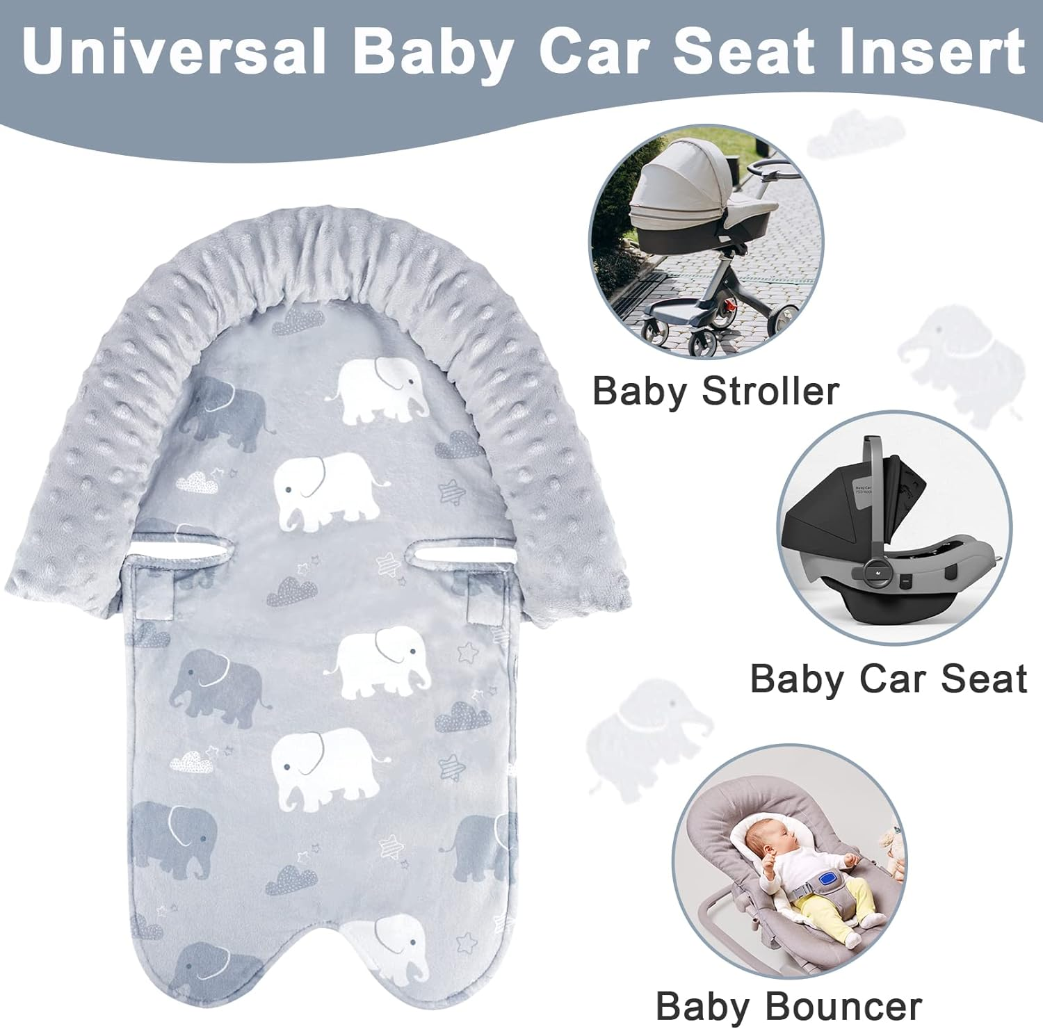 TANOFAR Baby Car Seat Insert and Strap Covers, Gray Carseat Head Support for Boys, Soft Unisex Cushion Fit for Car Seats, Stroller, Bouncers, Elephant image number 4
