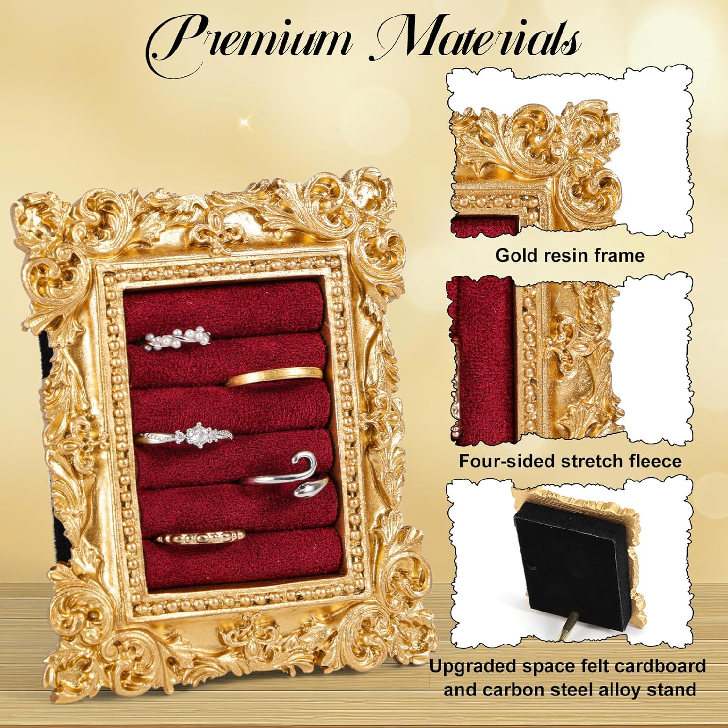 Vintage Ring Display Stand, Baroque Ring Holder Earring Display Tray Jewelry Organizer Birthday Engagement Wedding Decoration for Women (Wine Red) - Wine Red image number 5