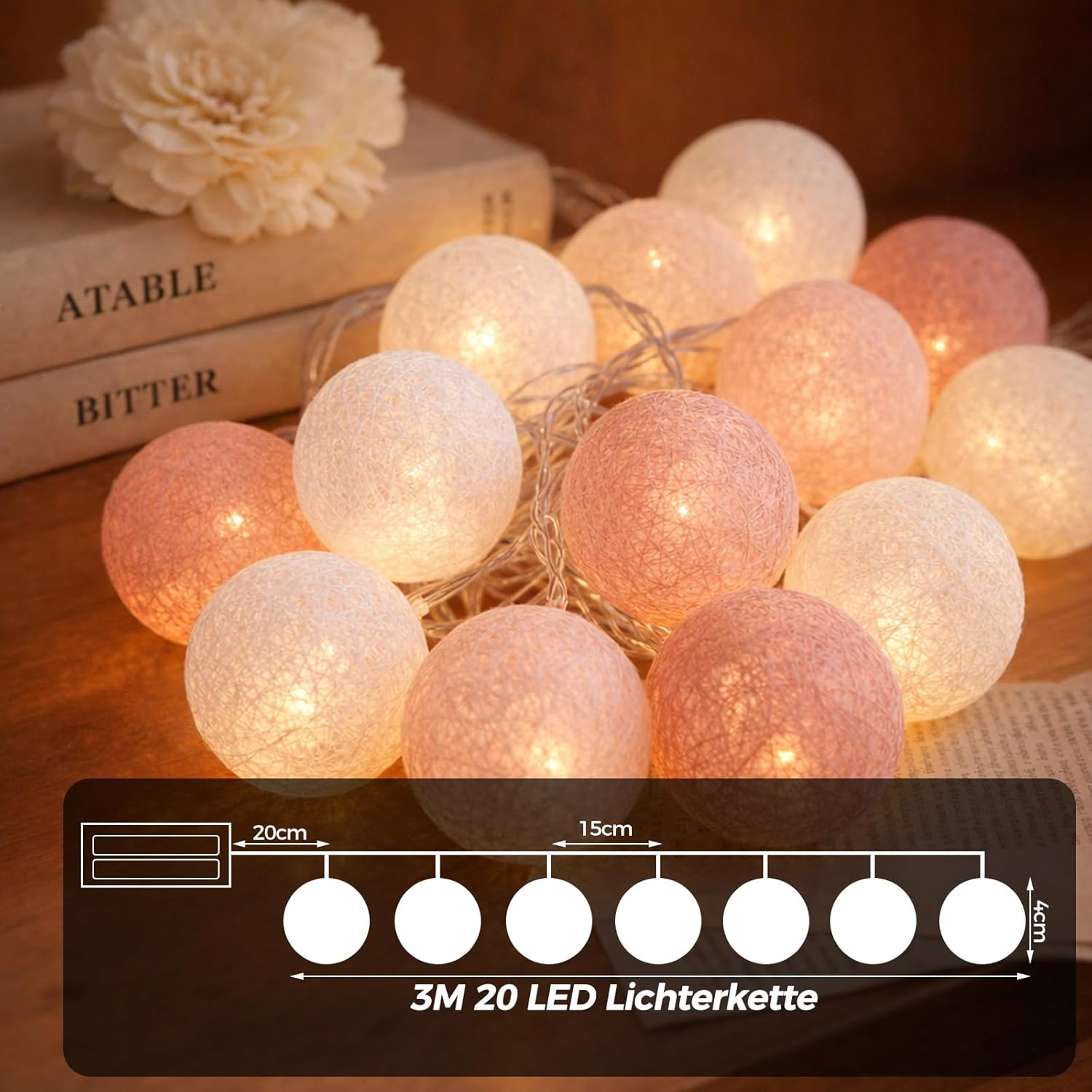 Alegre 3 M 20 LED Cotton Balls Fairy Lights Balls, 4 Cm Cotton Ball Fairy Lights Children'S Room Girls, Rose Gold Ball Fairy Lights Cotton Balls for Wedding, Room, Bedroom, Christmas Decoration image number 2