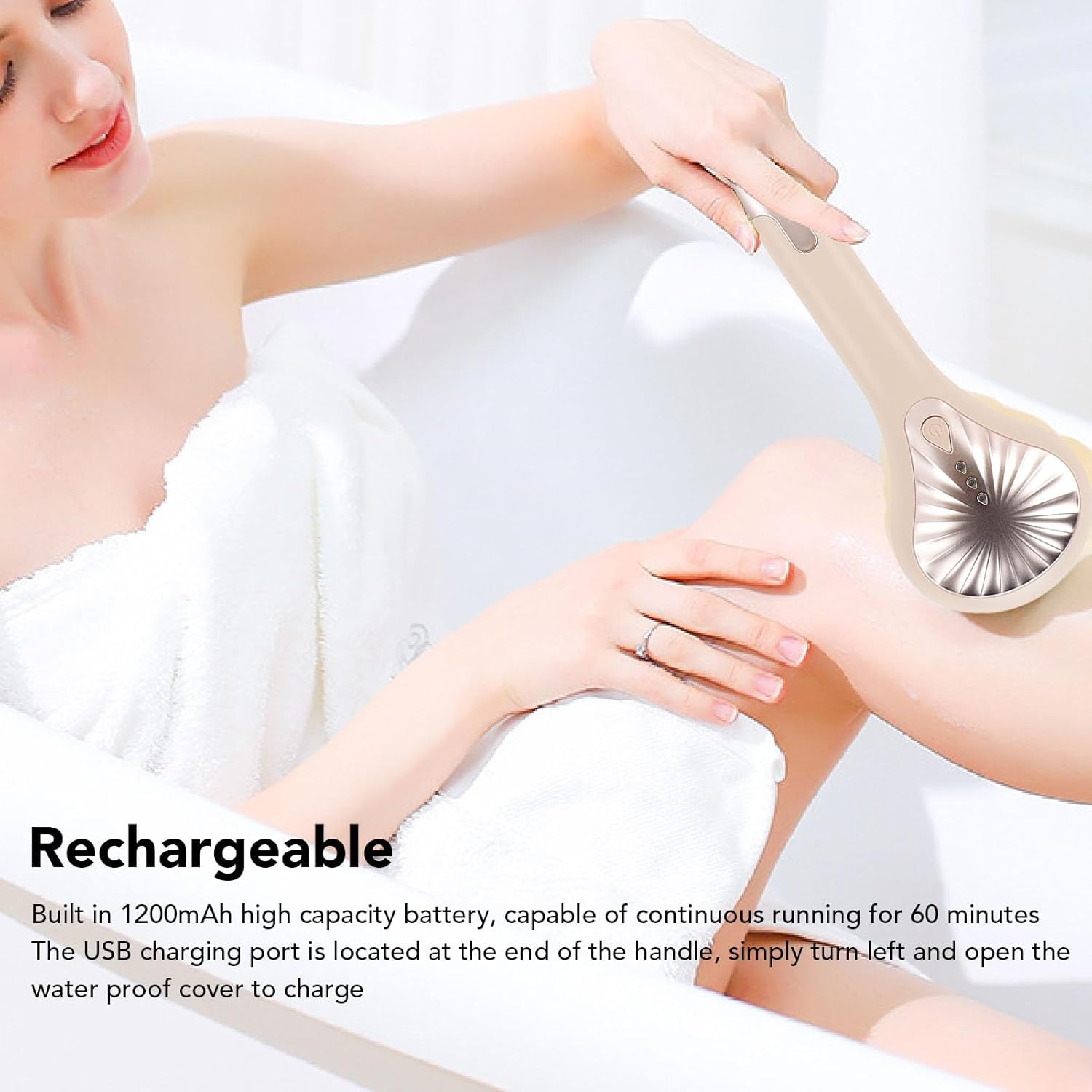 Pyhodi Electric Body Brush, 6 Brush Heads 3 Speeds Detachable Handle IPX6 Rechargeable Shower Back Scrubber for Sensitive, Normal, and Oily Skin Types with 360&deg; Rotation and 60 Minutes (Yellow)