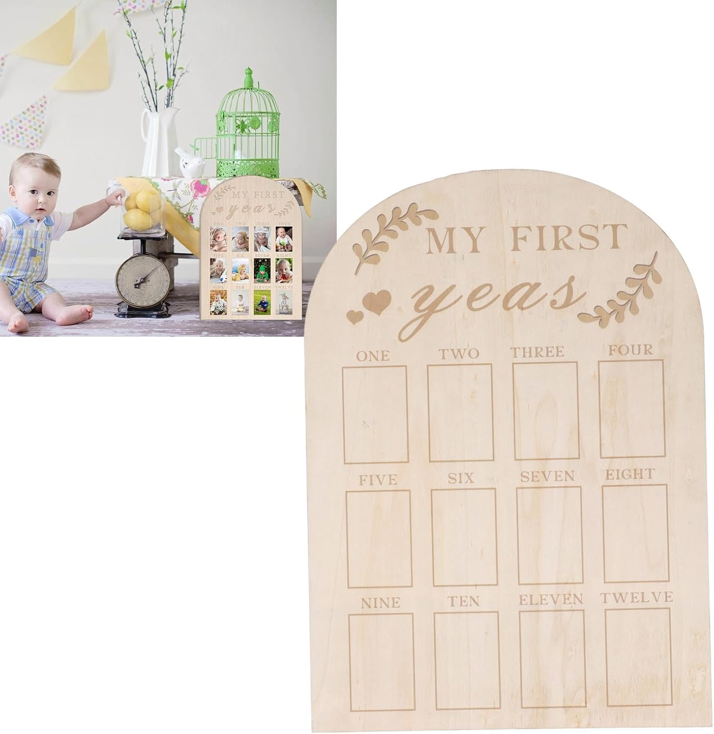 One Year Birthday Wooden Photo Board, My First Year Milestone Photo Board 12 Monthly Picture Frame, Baby Keepsake Frame, First Birthday Celebration Decoration, Nursery Decor Gift image number 4