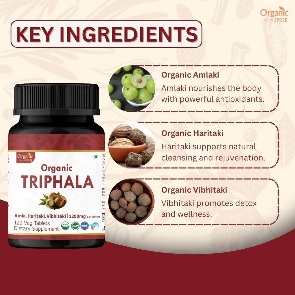 Triphala 120 Tablets | Amla, Haritaki & Bibhitaki | 1200Mg per Serving | Organic and Natural | USDA Certified 120Tab (1)