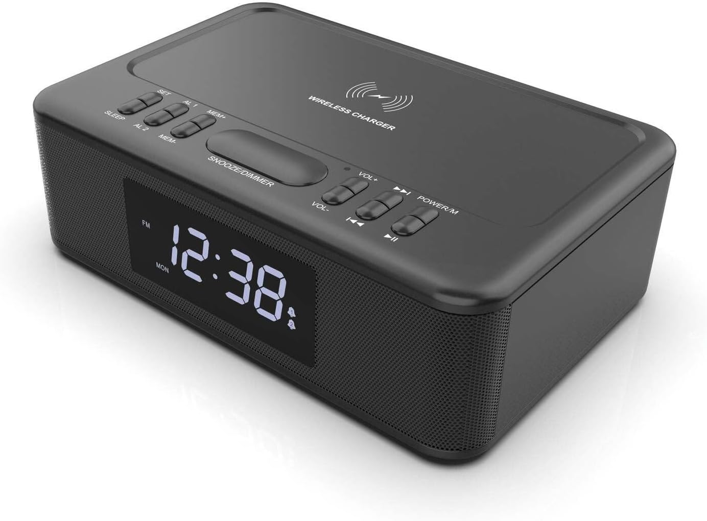 Lenoxx Wireless Charging Wireless Technology Alarm Clock - Black, Sleek Design, 10W Quick Charge, 2-In-1 Functionality for Effortless Charging and Wake-Up Convenience