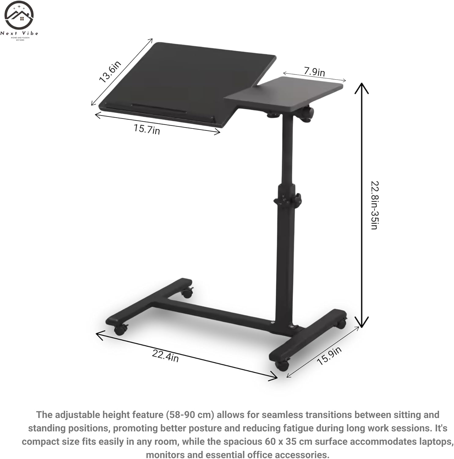 Adjustable Work-From-Home Working Station - Ergonomic Desk with MDF & Steel Construction, Black, Height Adjustable (58-90 Cm) - Perfect for Home Office & Remote Work image number 5