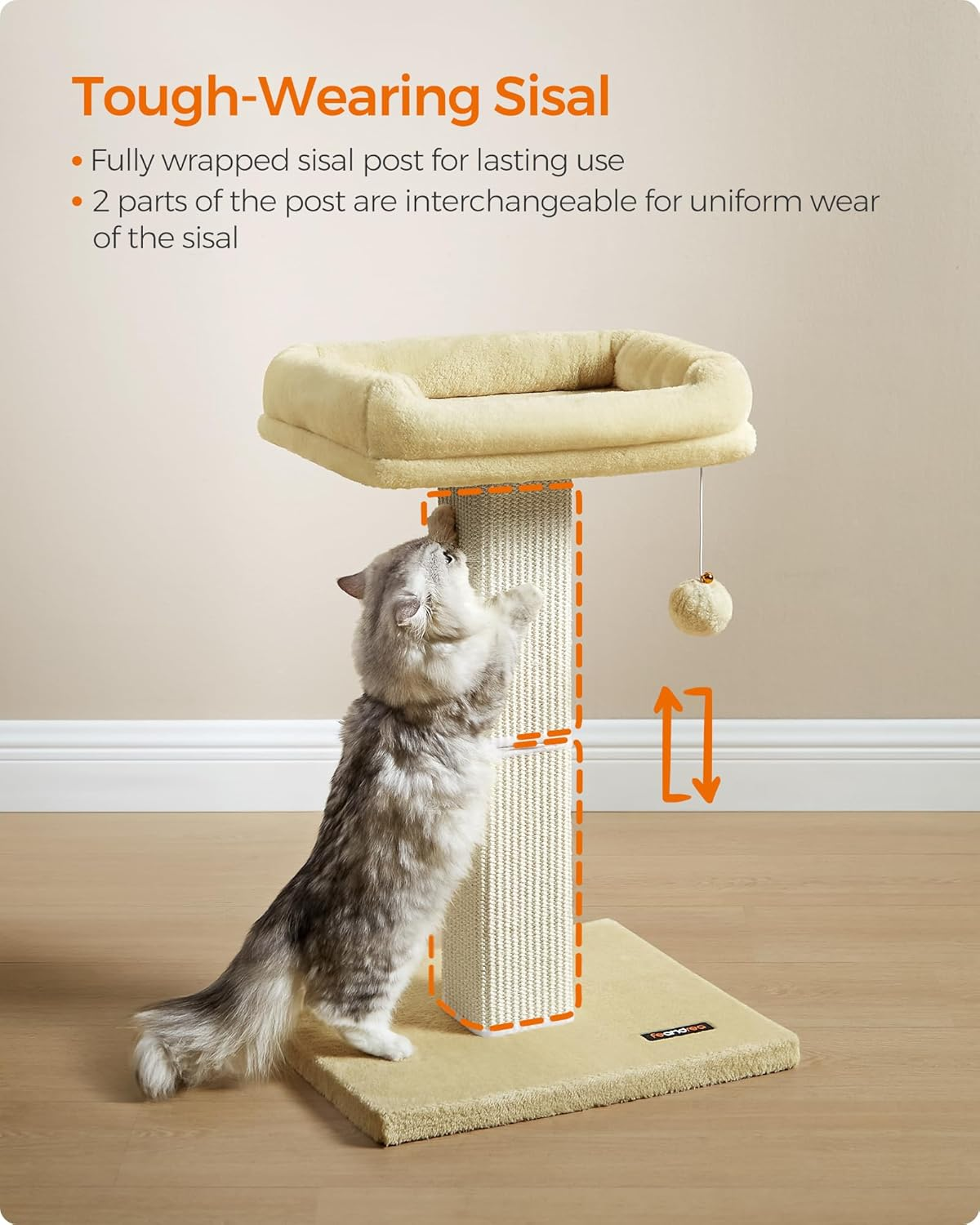 Feandrea Cat Scratching Post, 27.9-Inch Cat Scratcher with 15.7 X 11.8 Inches Plush Perch, Tall Scratch Post with Woven Sisal, Pompom, Removable Washable Cover, Beige UPCA022M01