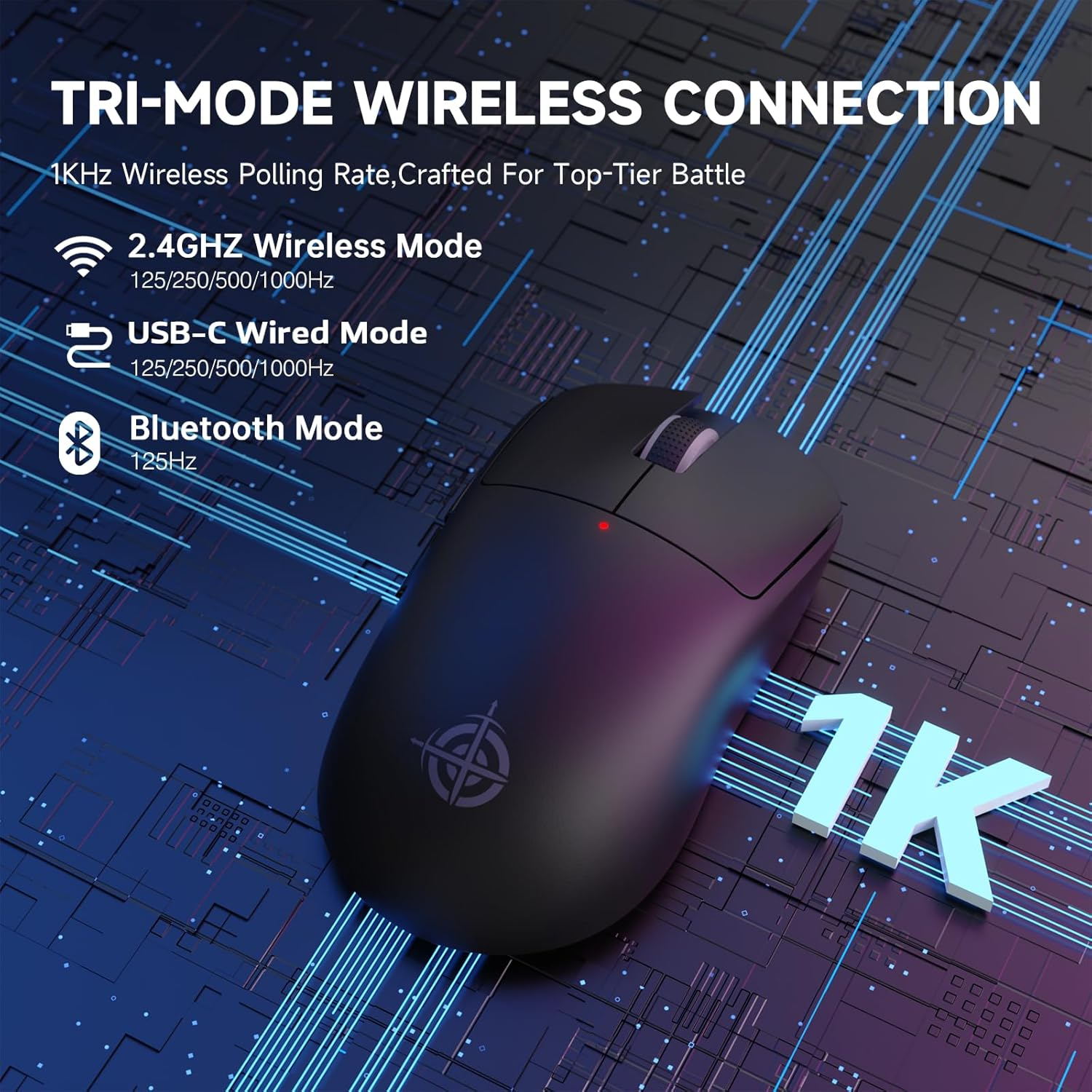 MAGIC-REFINER G6 Wireless Gaming Mouse,24000 DPI Adjustable,72G Lightweight Mouse,1000Hz Polling Rate,Tir-Mode BT/2.4G/ Wired Gaming Mouse,750Mah Battery,With Grip Tape for Gamer/Office/Pc/Mac,Black - Black image number 4