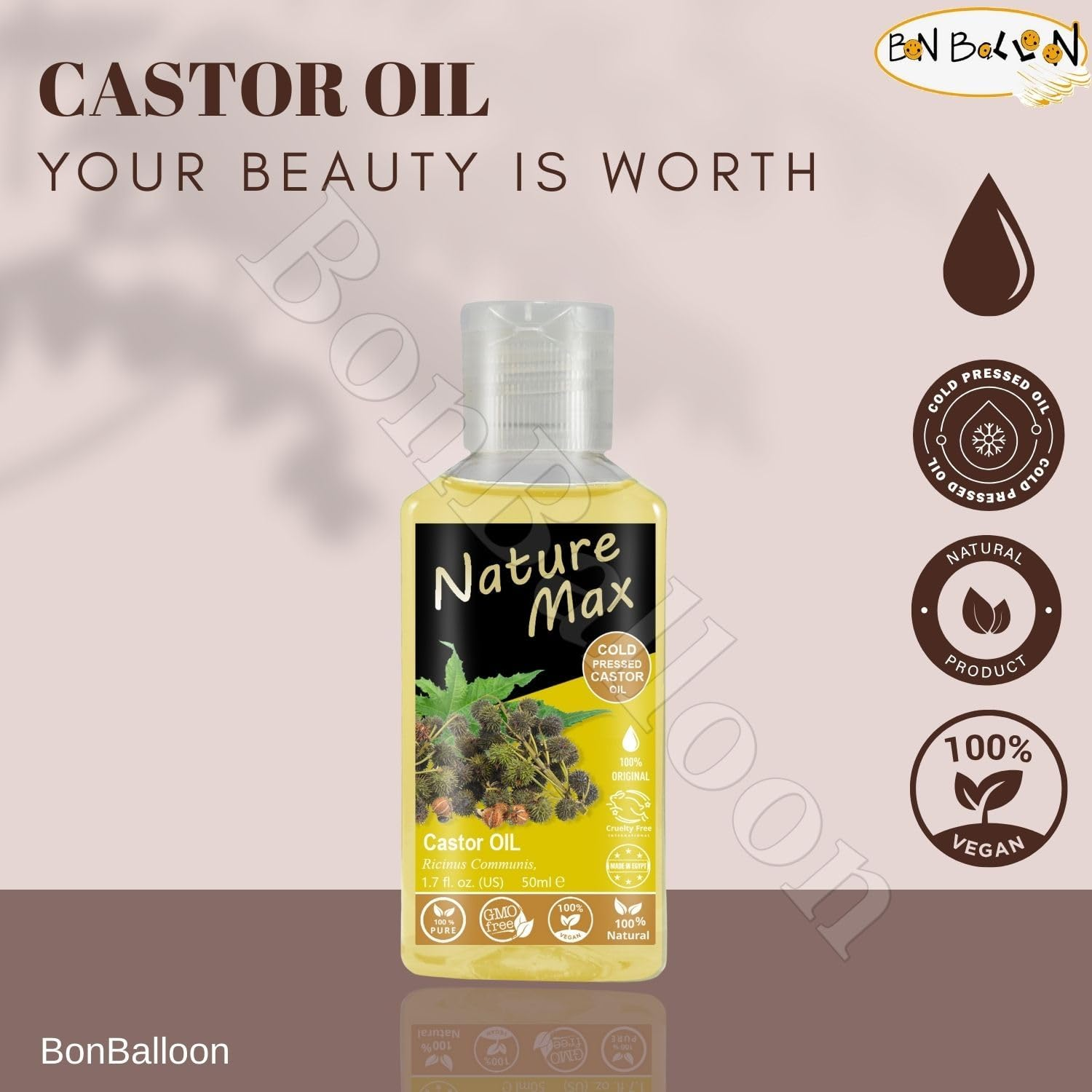 Nature Max Castor Oil Essential Oils Organic Natural Undiluted Pure for Hair & Skin Care Eyelashes & Eyebrows Cold Pressed Premium Quality ( 1Pack = 1.70 Oz / 50 Ml ) زيت الخروع