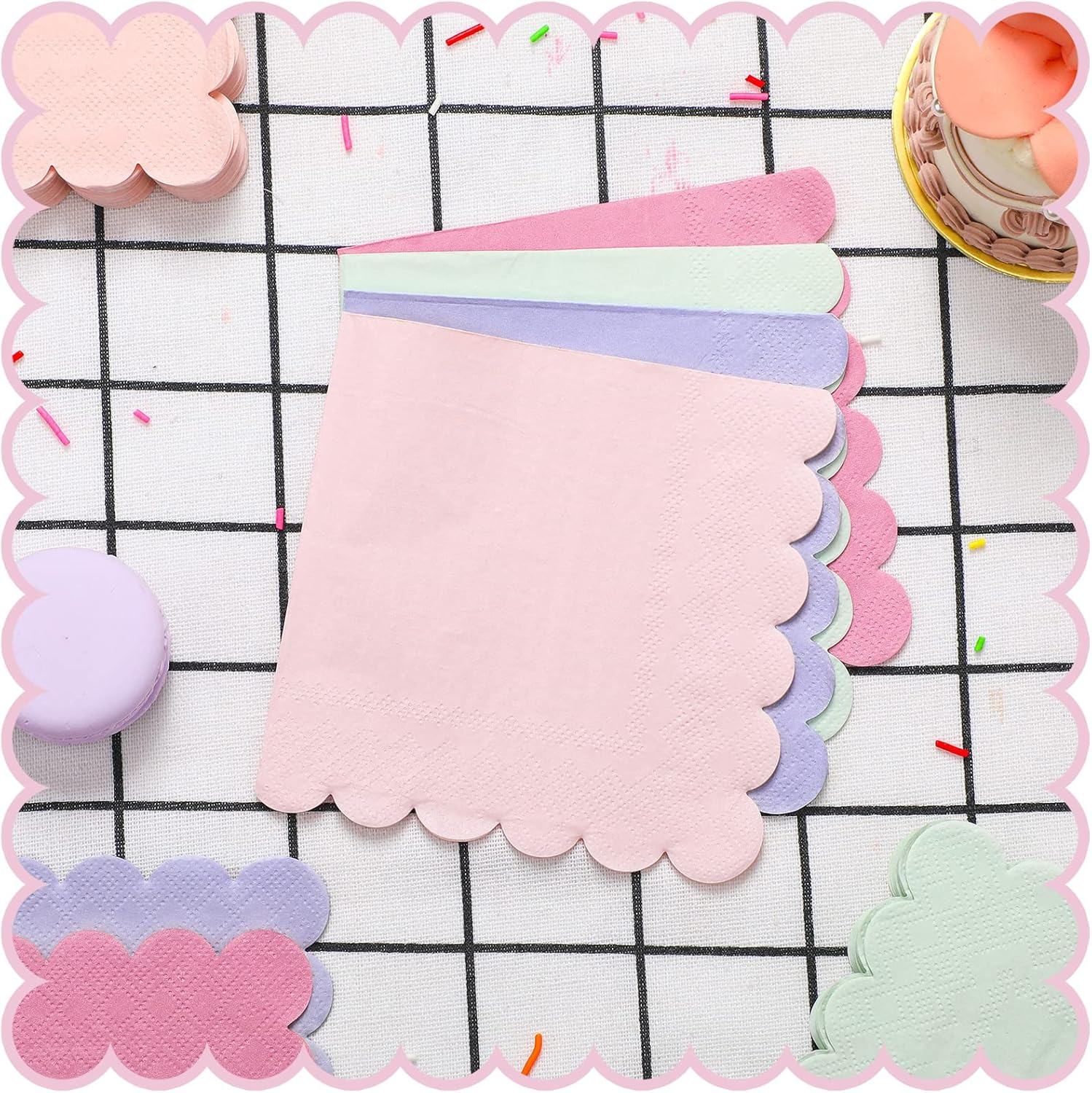 Kosiz 100 Pieces Scalloped Edged Cocktail Napkins Colorful Paper Napkins Disposable Pastel Napkins for Party Wedding Shower Baby Beverage Dinner Birthday, 9.84 X 9.84 Inches, 4 Macaron Colors image number 2