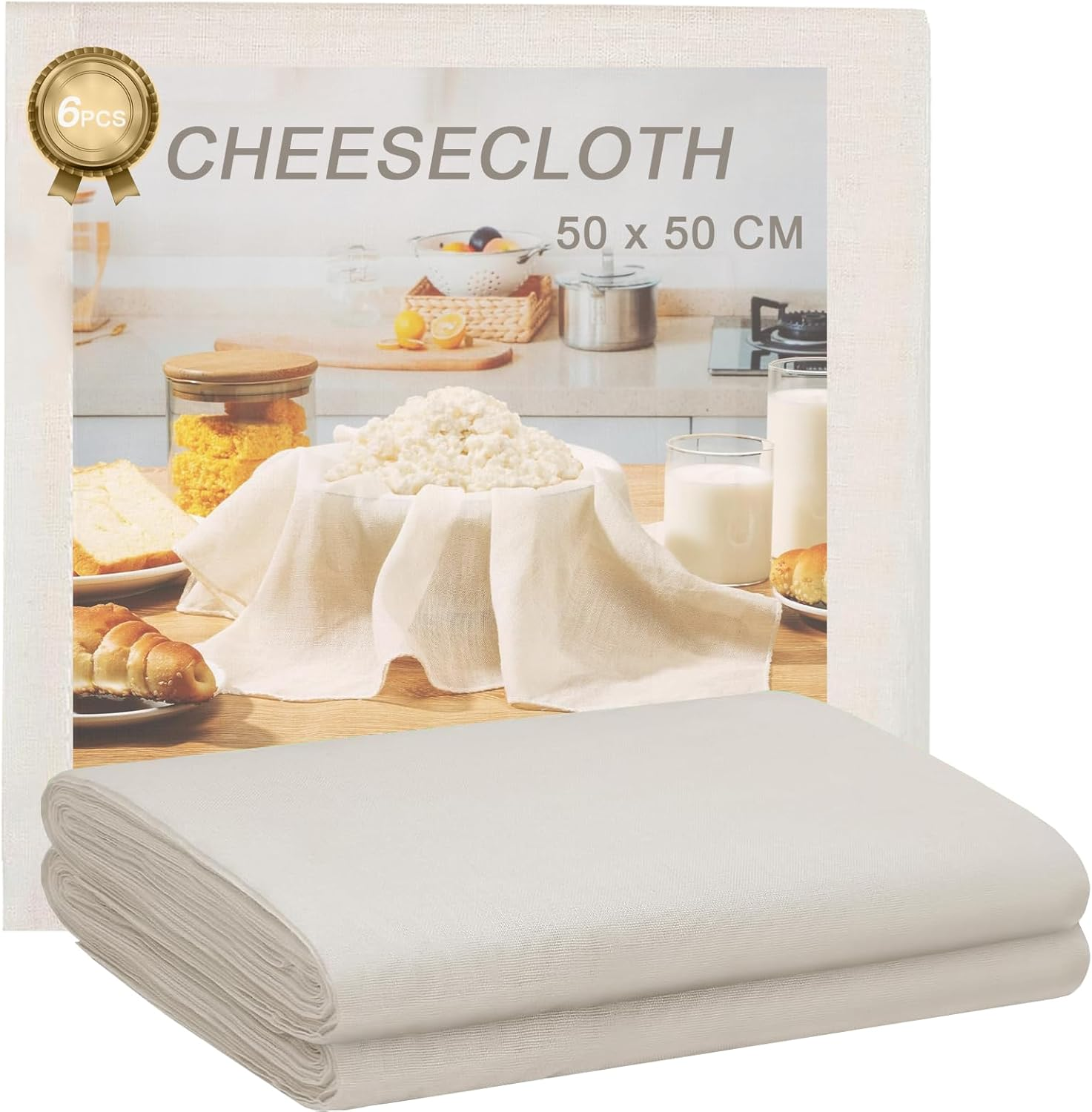 6 Pack Ultra Fine Grade 100 Cheese Cloth - 50X50Cm Natural Cotton Hemmed for Cooking, Brewing, Coffee & Cheesemaking image number 4