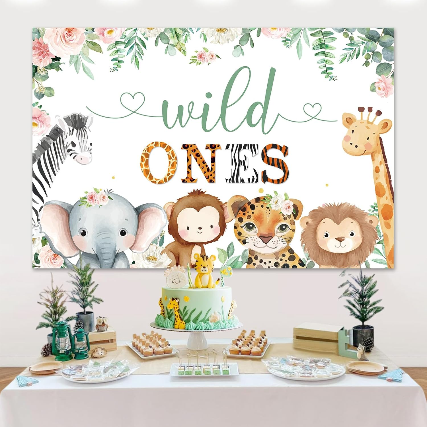 Wonmelody Wild Ones Birthday Decorations Twins 5*3 Ft Wild Ones 1St Birthday Backdrop Banner Jungle Twins 1St Birthday Decor Twins Birthday Party Decorations for Jungle Safari Cute Animals 1St Party image number 5