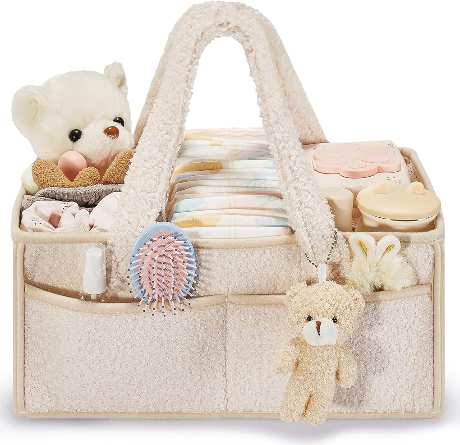 Baby Nappy Caddy Diaper Caddy Organizer， Baby Storage Basket for Diapers and Wipes，Portable Holder Tote Holder Tote Bag ， Car Nursery Organizer Diaper Bag Gift Accessories， Bring a Bear (Green)