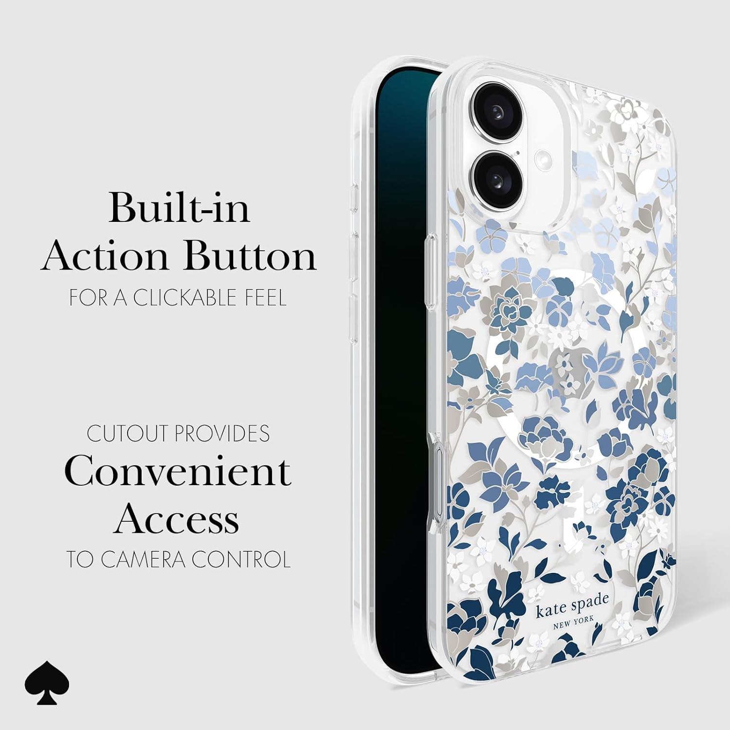 Kate Spade New York Iphone 16 plus Case - Compatible with Magsafe - Designer Phone Case - Flowerbed Blue Gems