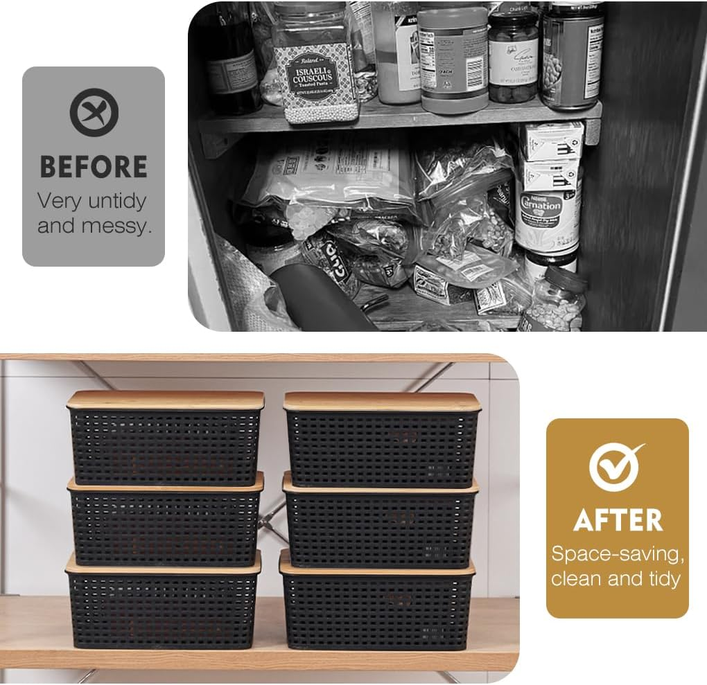 Vivva 6 Pack Plastic Storage Baskets with 30Pcs Labels Bamboo Lid Containers Stackable Bins Basket for Organizing Shelves Drawers Desktop Closet Playroom Classroom Office (Black) - White image number 7