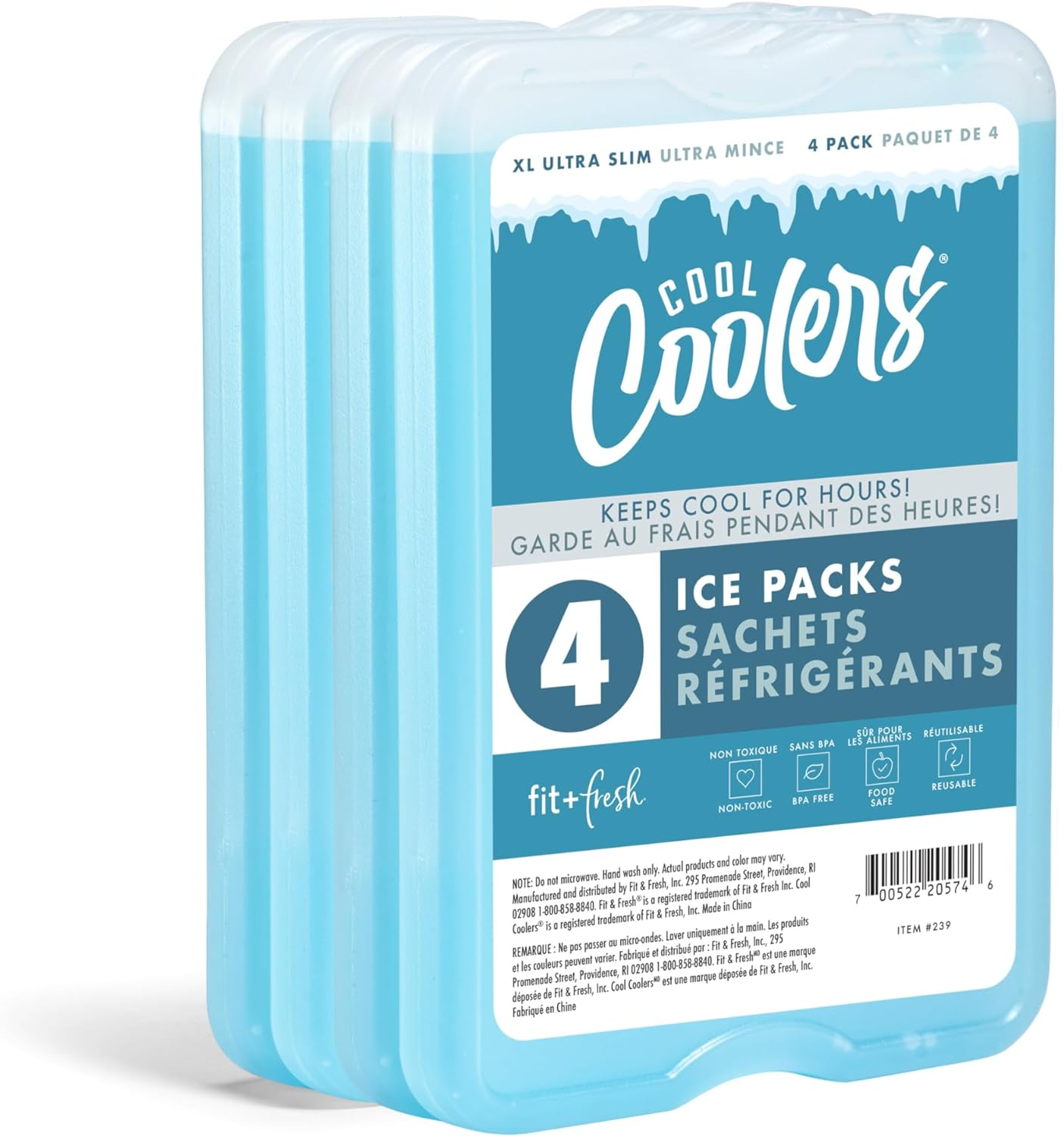 Cool Coolers by Fit & Fresh 4 Pack XL Slim Ice Packs, Quick Freeze Space Saving Reusable Ice Packs for Lunch Boxes or Coolers, Blue, 239ICE, 4 Count (Pack of 1)