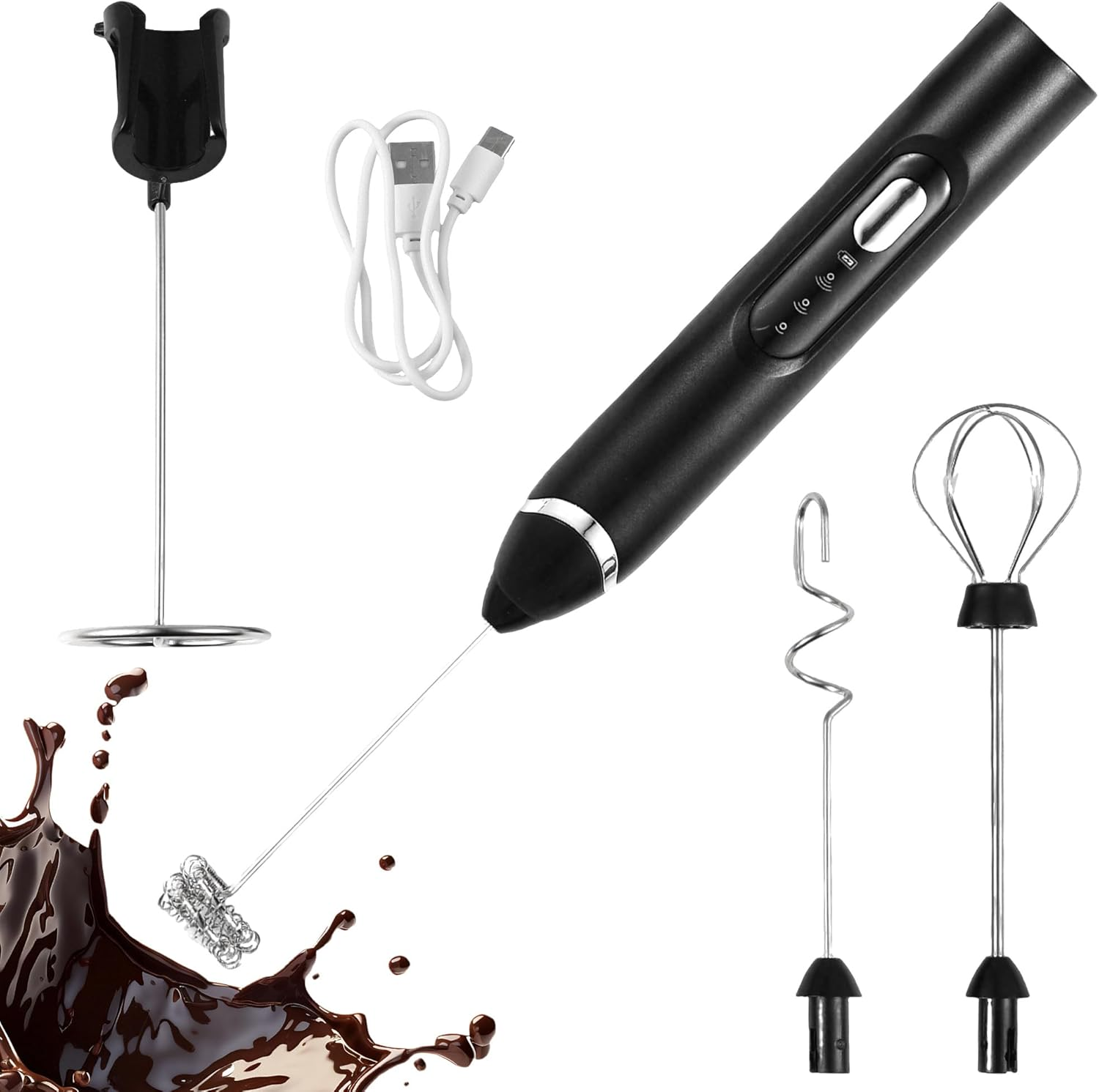 Milk Frother, Handheld Electric Foam Maker,Rechargeable Power Frother Wand Foam Maker,Drink Mixer for Coffee, Latte, Cappuccino, Matcha, Hot Chocolate, Egg,With Stand, Black