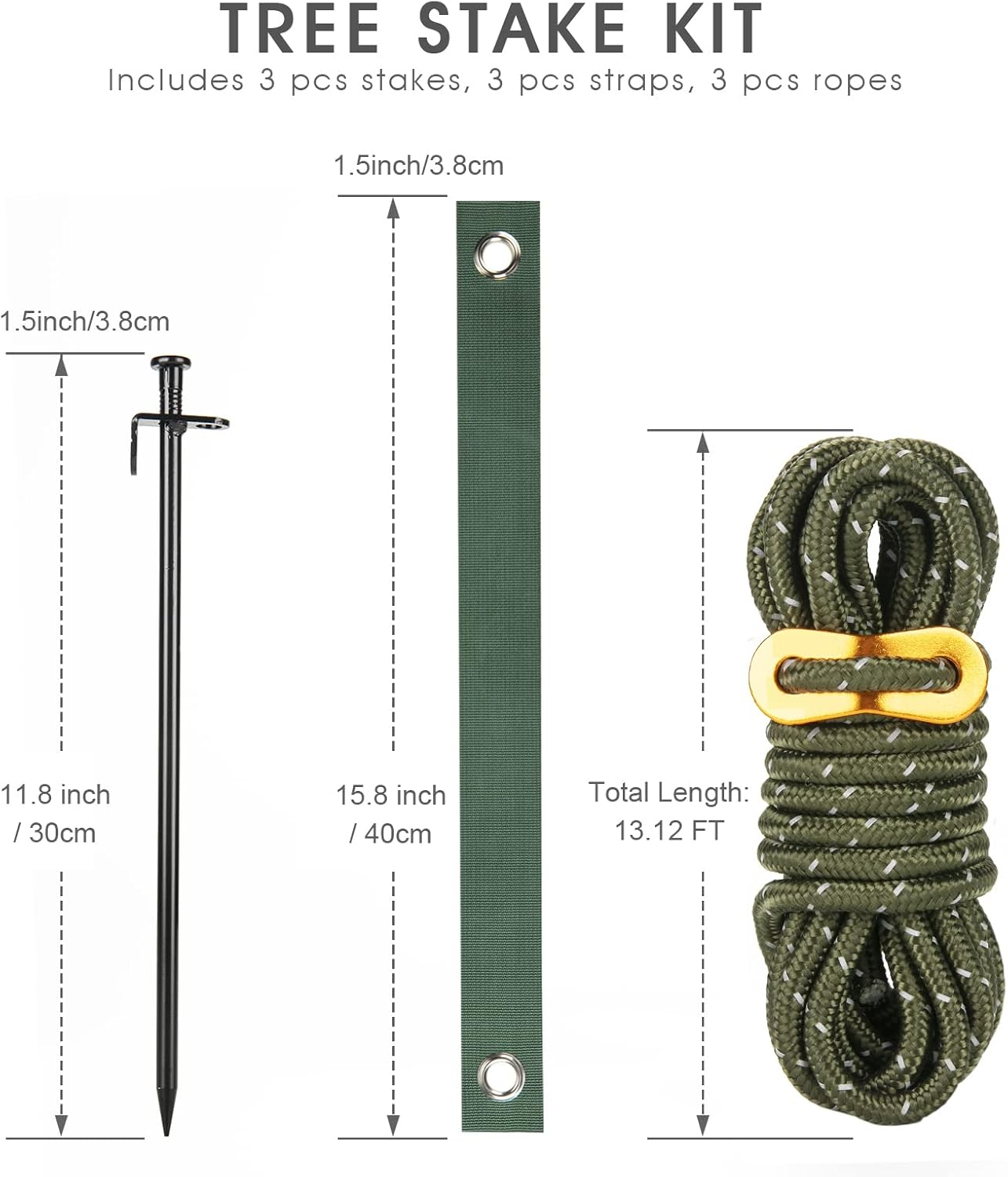 Heavy Duty Tree Stake Kits, 11.8 Inch Steel Tree Stakes and Supports for Young Tree anti Strong Wind, Leaning Tree Anchor Straightening Kit with 3 PCS Steel Stakes, 13.12 Feet Rope and Tree Straps image number 3