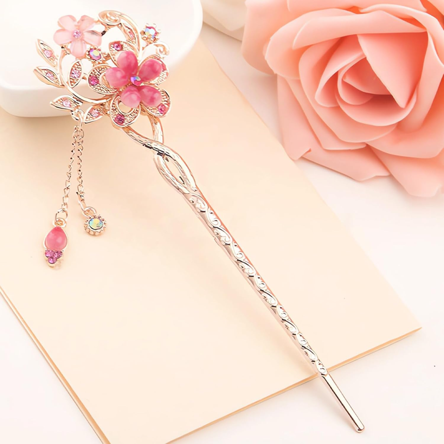 DHWEKU Vintage Hair Stick Hair Stick Hair Sticks Hairpin Vintage Hair Stick Opal Hair Sticks Hair Decor Chinese Hanfu Hair Pins Old Hair Clip (Red) 1 Piece image number 3